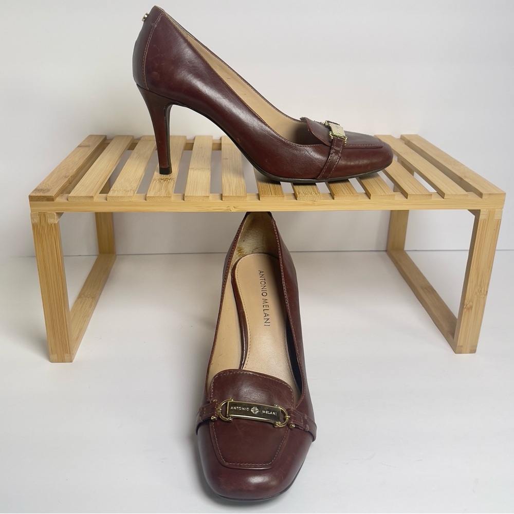 ANTONIO MELANI Dayna Brandy Brown Leather Slip-on loafer pump Block Heel 3" Sz 8